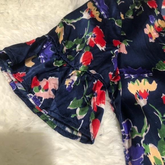 Tularosa Blue Satin Floral Tie Front V Neck Short Sleeve Romper - Picture 13 of 15